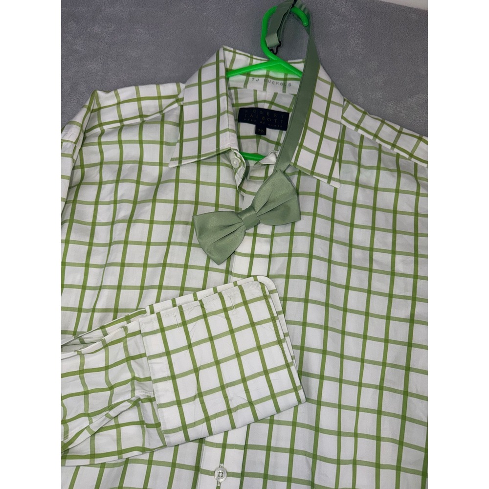 Robert Talbott Mens 17X35 Green Windowpane Dress Shirt French Cuff with Bowtie